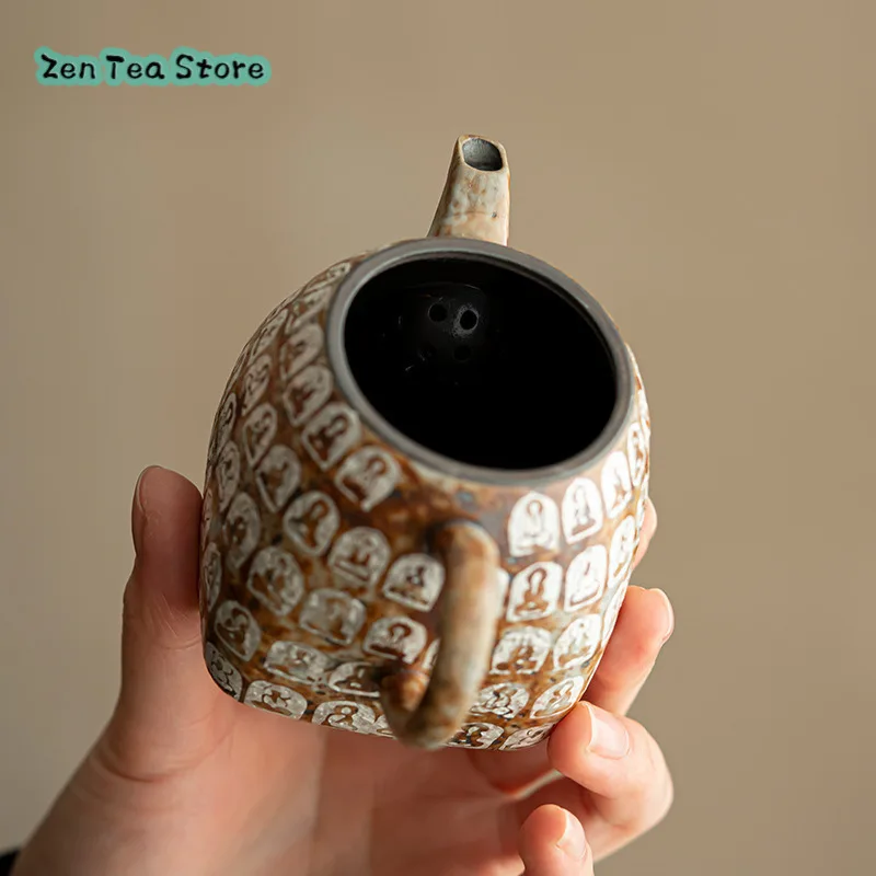 Hand-made Coarse Pottery Teapot With Ancient Rock Mud Silver Thousand Buddha Tea Infuser Home Ceramic Teapot