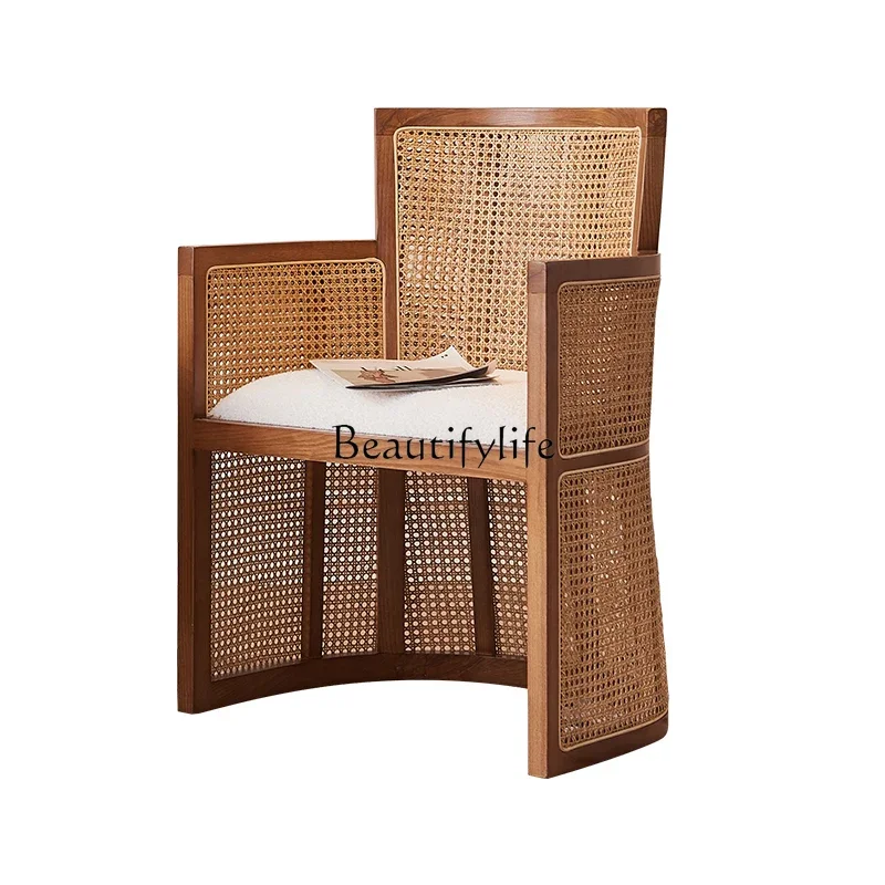 

N Nordic Solid Wood Single-Seat Sofa Chair Living Room Retro Rattan Chair