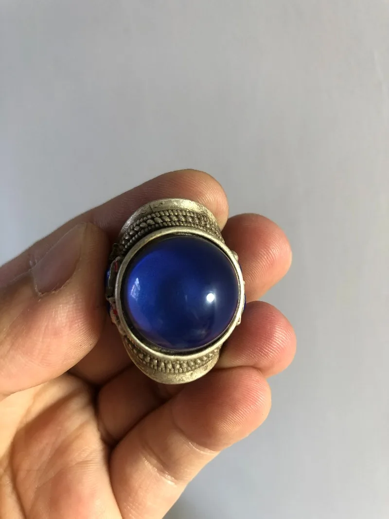 Retro Men Statement Ring, Repatriated Old Silver Cloisonne Inlaid Color‑Changing Gemstone Adjustable Band Hand Accessory