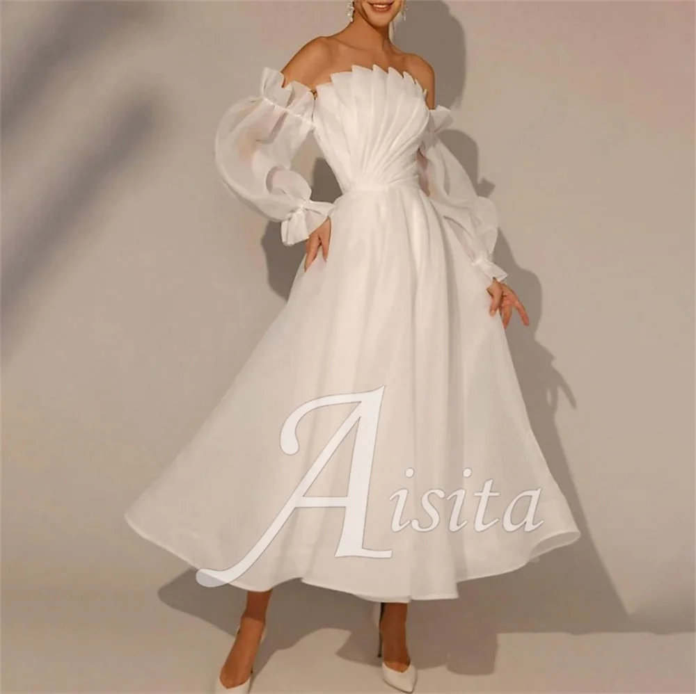 

White A-Line Bride Dresses Square Neck Long Sleeves Ankle Length Wedding Dresses For Woman Wedding Dress Vestidos De Novia