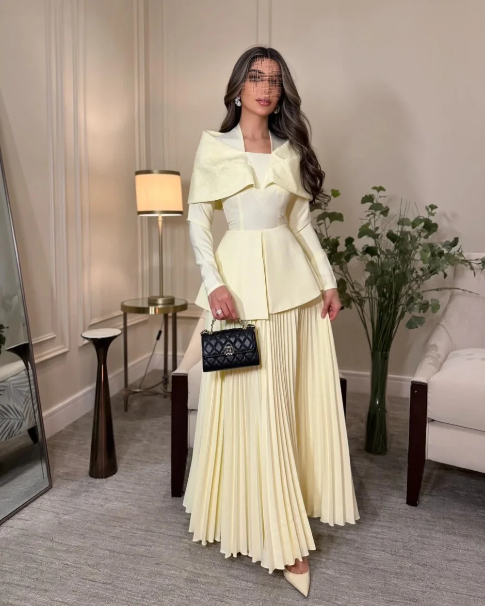 

Индивидуальные короткие вечерние платья из крепа А-силуэта, желтые, с длинными рукавами, плиссированные, длиной до щиколотки, для женщин