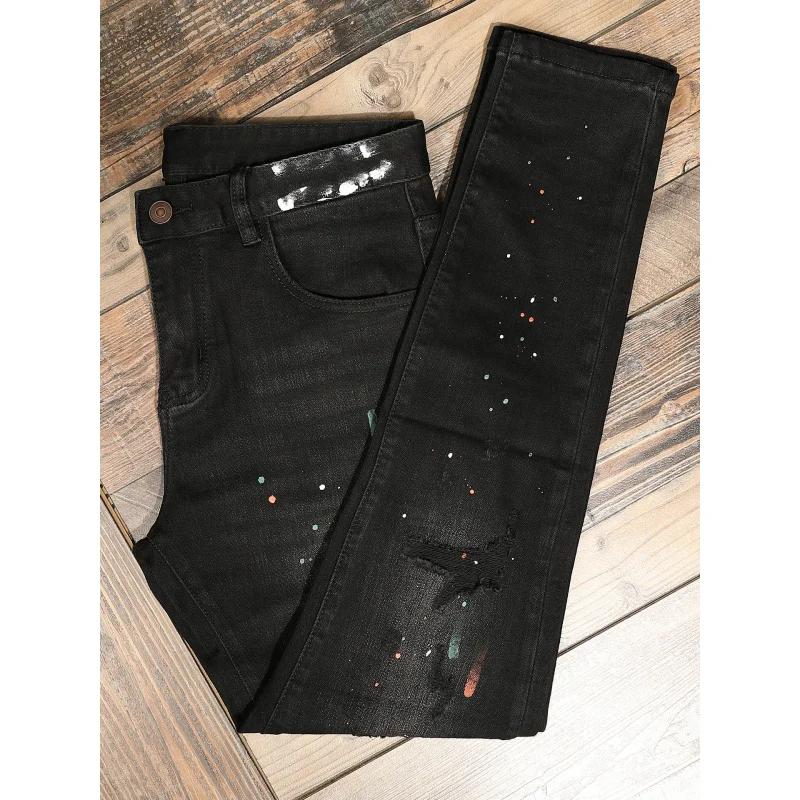 

Black splashed ink printed jeans with men's ripped patch, retro trend street elastic slim fit small leg pants