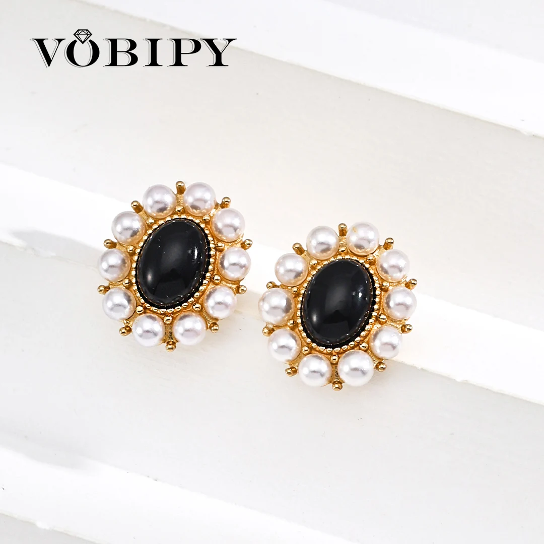 

VOBIPY Vintage Black Onyx Pearl Earring White Freshwater Pearl S925 Silvers Gold Plated Earring for Women Party Birthday Gift