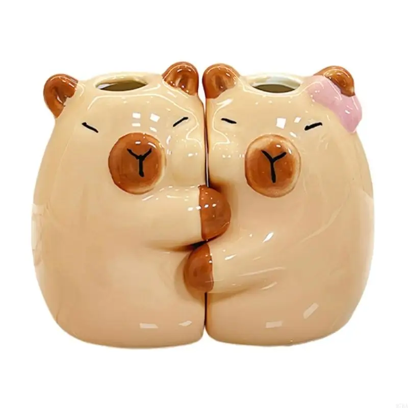 

97BA Adorable Ceramic Capybaras Pair Toothbrush Stand Waterproof Bathroom Decoration Slot Holder For Home Office Vanitys