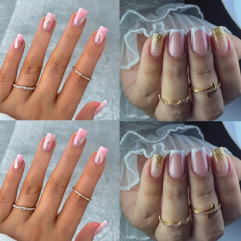 Fashion Long Square False Nails Gold Pink French Fake Nials Full Cover Glitter Strips Press on Nails Women Girls