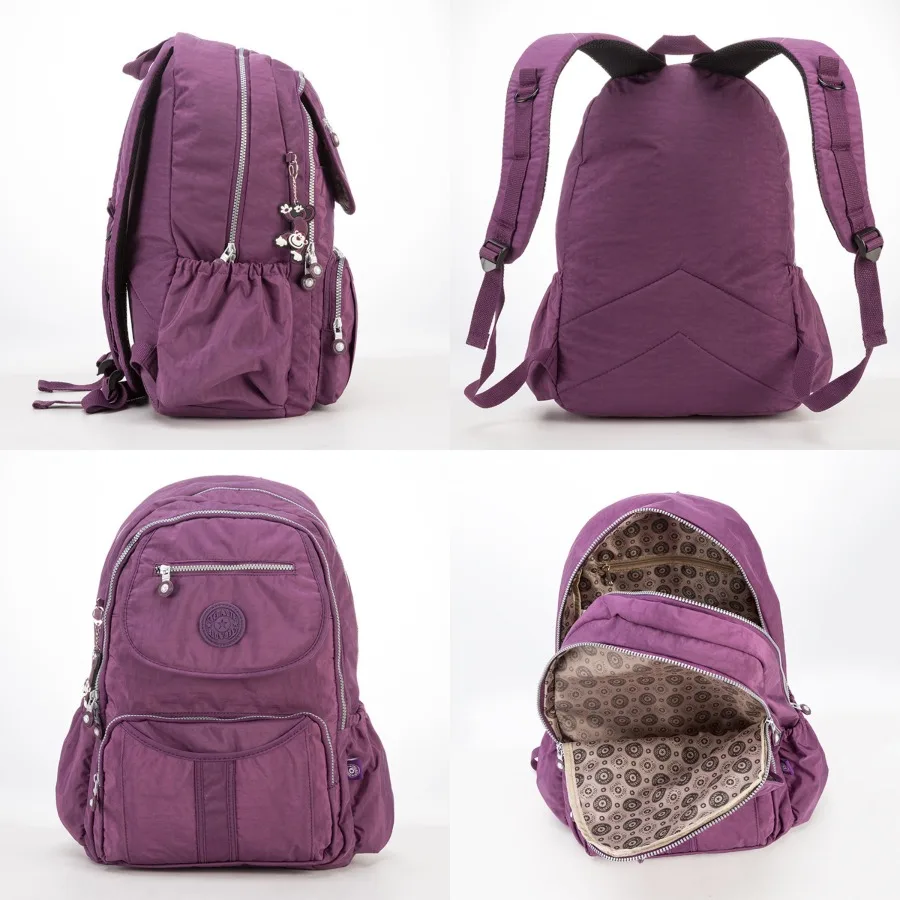 

【New Arrival】Purple Lightweight Nylon Backpack, Water Resistant Casual Daypack with Multiple Zipper Pockets & Side Bottle Holders, School & Travel Rucksack for Girls