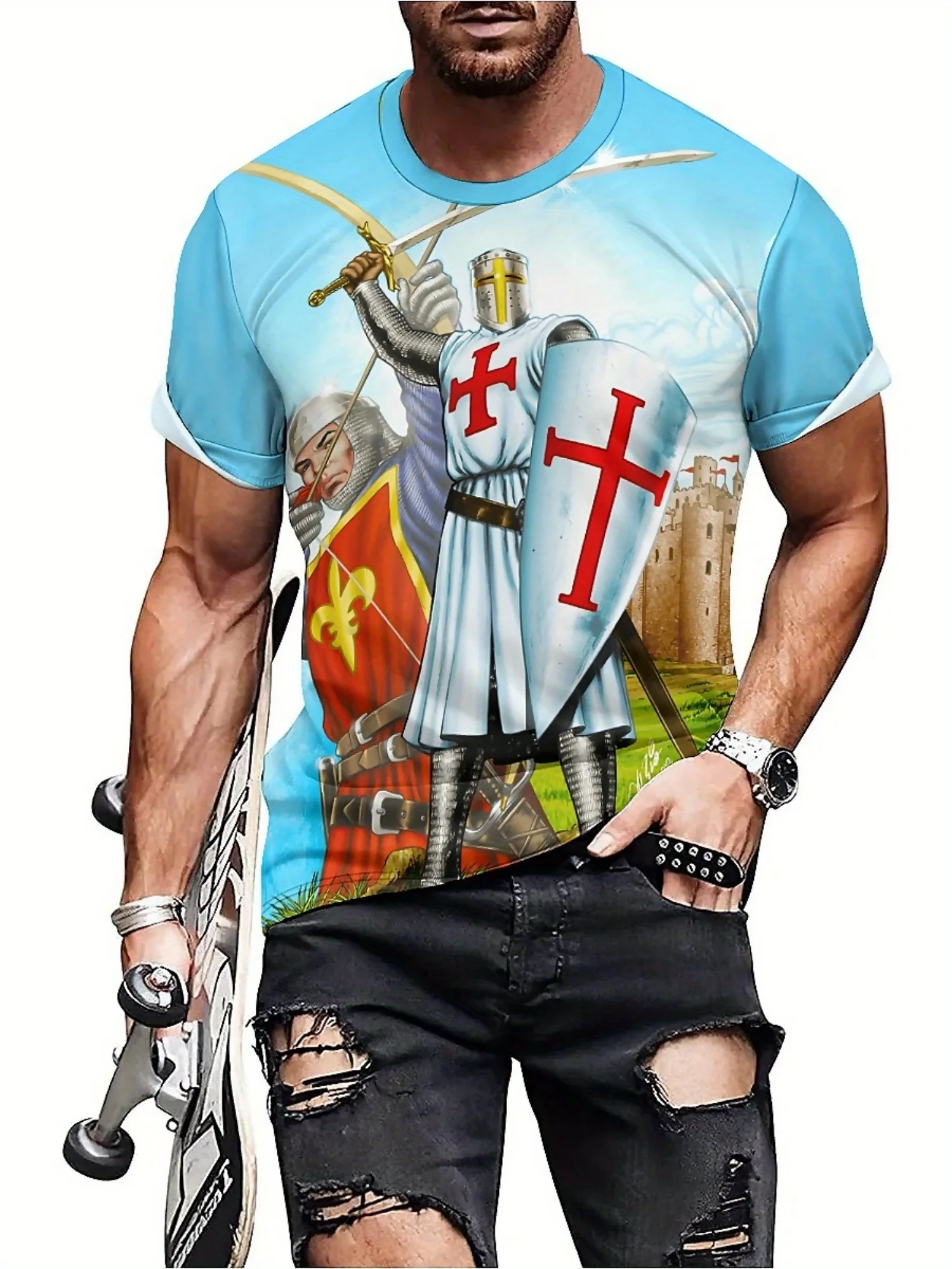 تي شيرت رجالي بتصميم فارس للزوجين مطبوع ثلاثي الأبعاد لكامل الجسم - قماش خفيف الوزن وجيد التهوية لصالة الألعاب الرياضية والجري