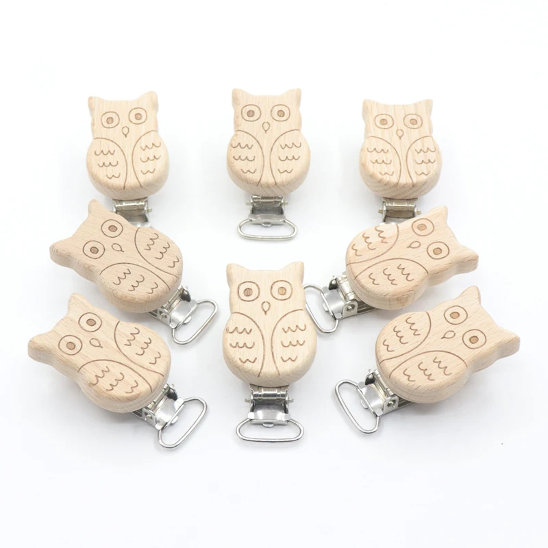 5Pcs Food Grade Beech Wooden Clip Cute Animal Heart Shape Dummy Clip for Baby Teething Pacifier Chain Holder Accesories