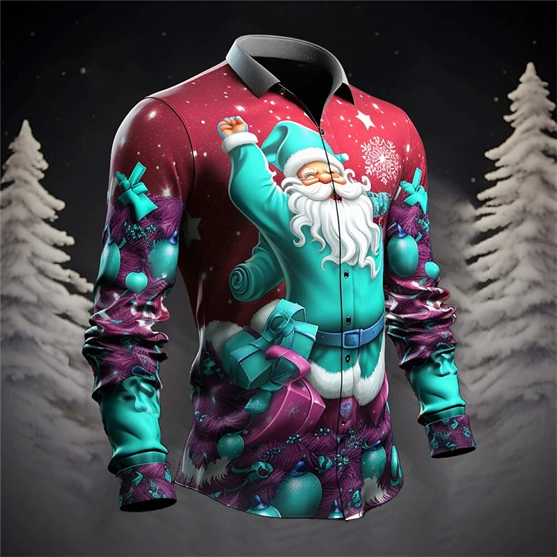 Santa Claus Casual Men\'s Button Shirt Long Sleeve Party Evening Autumn Winter Spring Summer Shirt Collar Button 3D Printing Thin