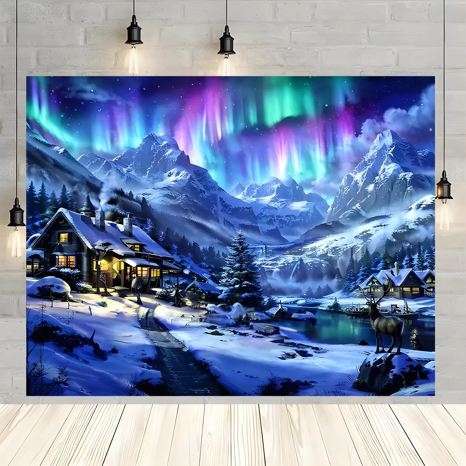 Banner de fondo 2D plano y Northern Lights Winter Wonderland - Escena de cabina Aurora Boreal y montaña con camino nevado