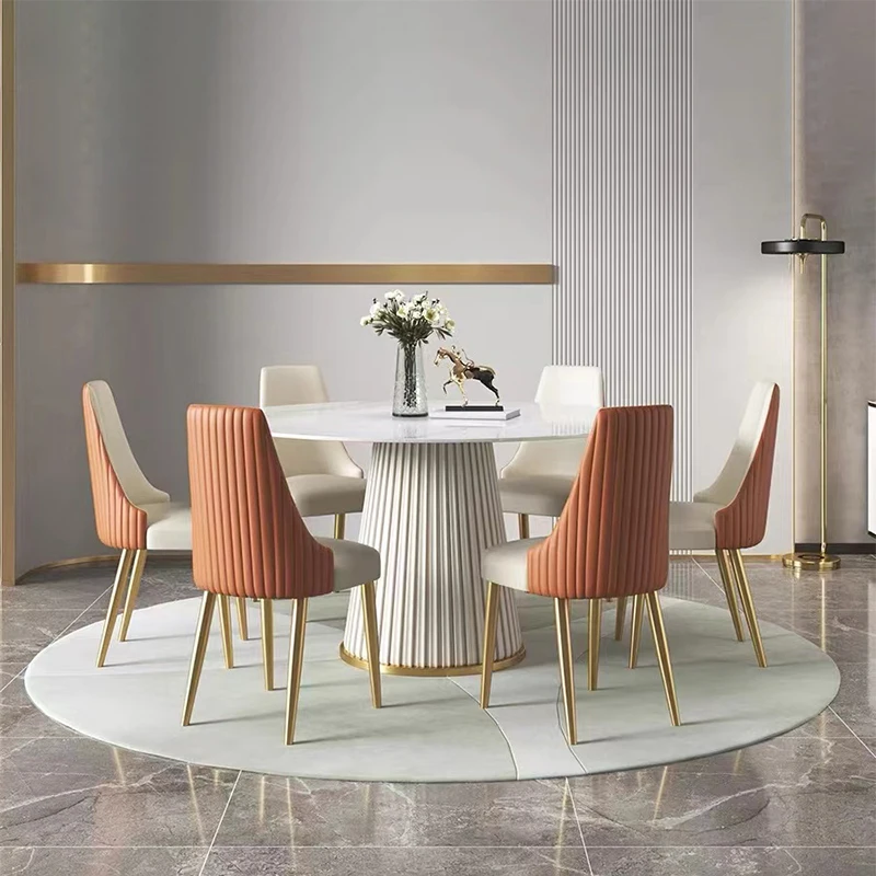 

Modern wooden large dining table and 4-set 6-seat dining room furniture full luxury round marble tabletop dining table