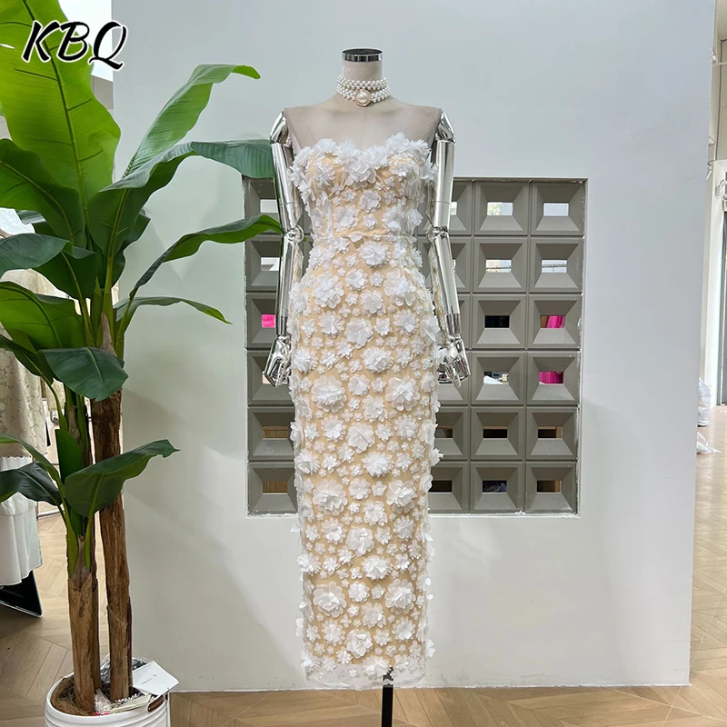 

KBQ Solid Splice Appliques Slimming Dresses for Womem Strapless Sleeveless Backless Temperament Evening Dress Female Fashion New