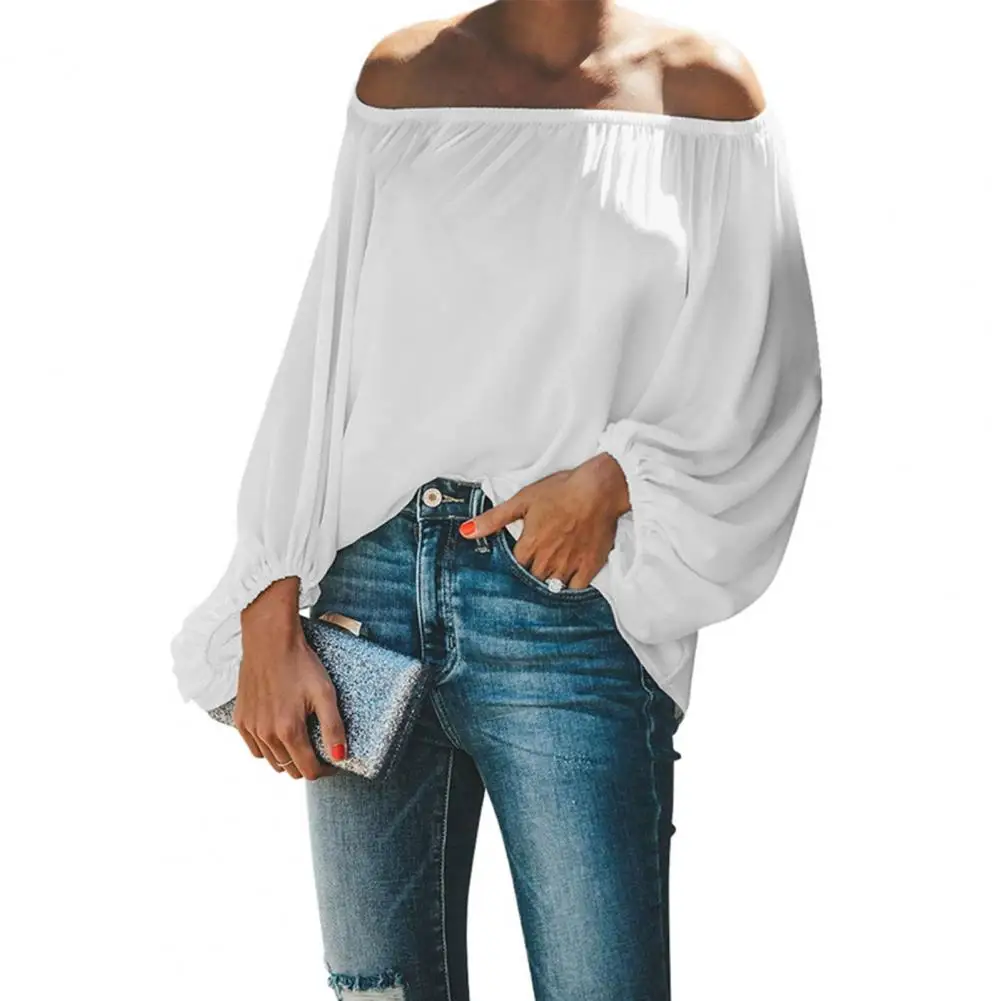 Solid Color Off Shoulder Women Shirt Solid Color Lantern Long Sleeve Autumn Top Classic Elastic Collar Lady Blouse