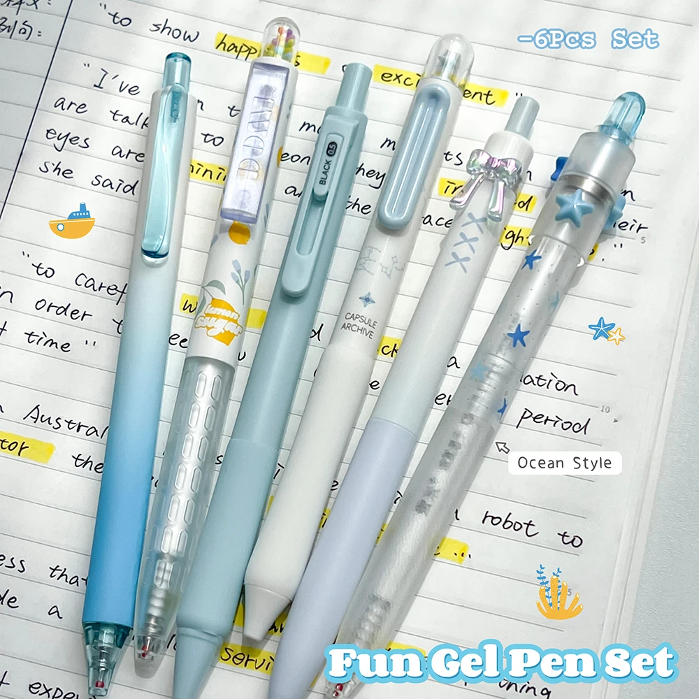 6Pcs Blue Ocean Series Gel Pen Set 0.5mm Fun Quick-Dry Pens Creative Combo Black Writing Pens For Study and Office Use