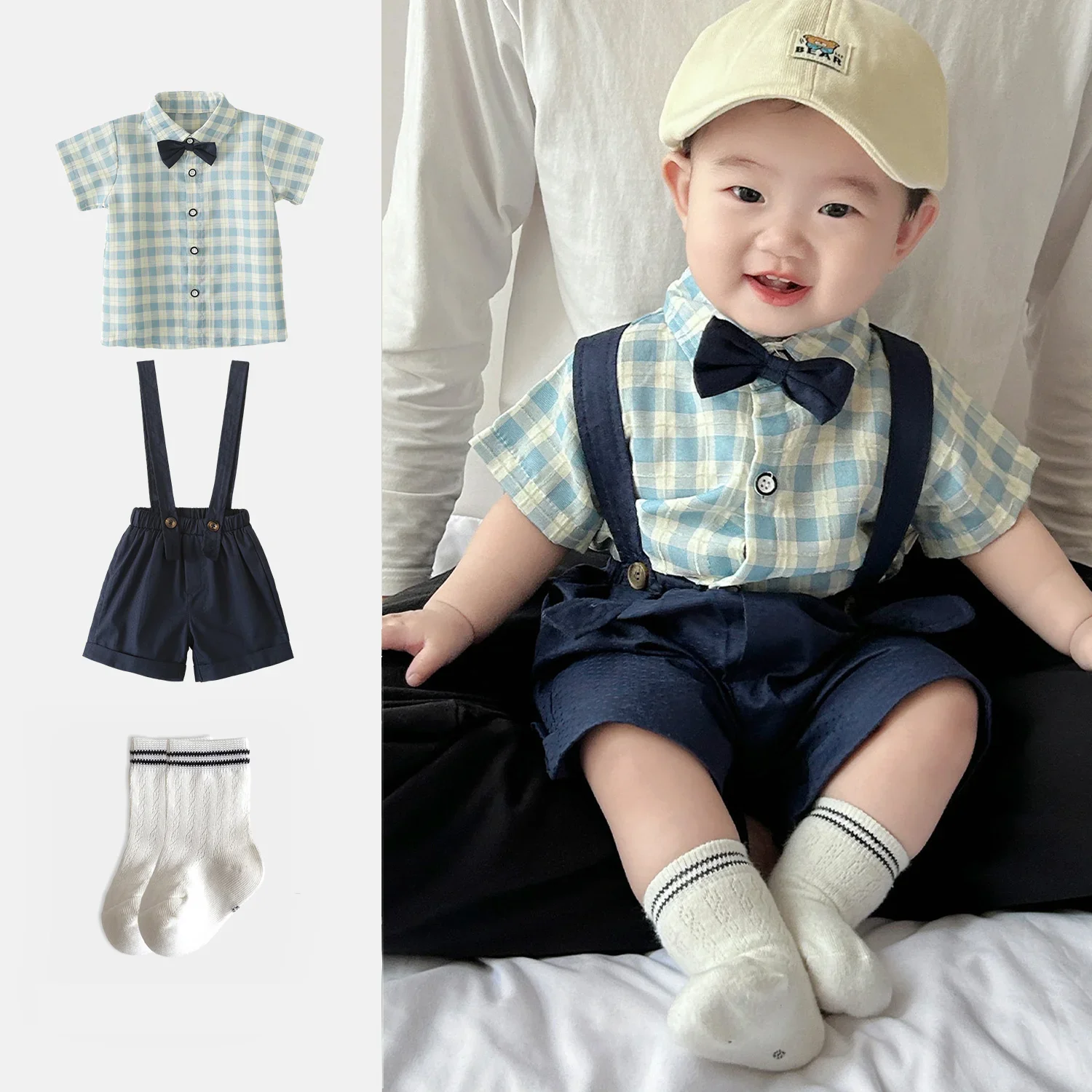 Boy Suit Summer Newborn Baby Clothes Summer Gentleman Children's Dress Lattice Shirt Strap Short+socks 3-piece Suit.