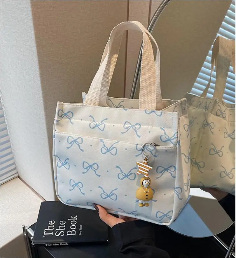 

Сумка для обеда для женщин, несколько отделений, студенческая коробка для завтрака, сумка для обеда с синим бантом, легко чистящаяся, для путешествий, кемпинга, пикника