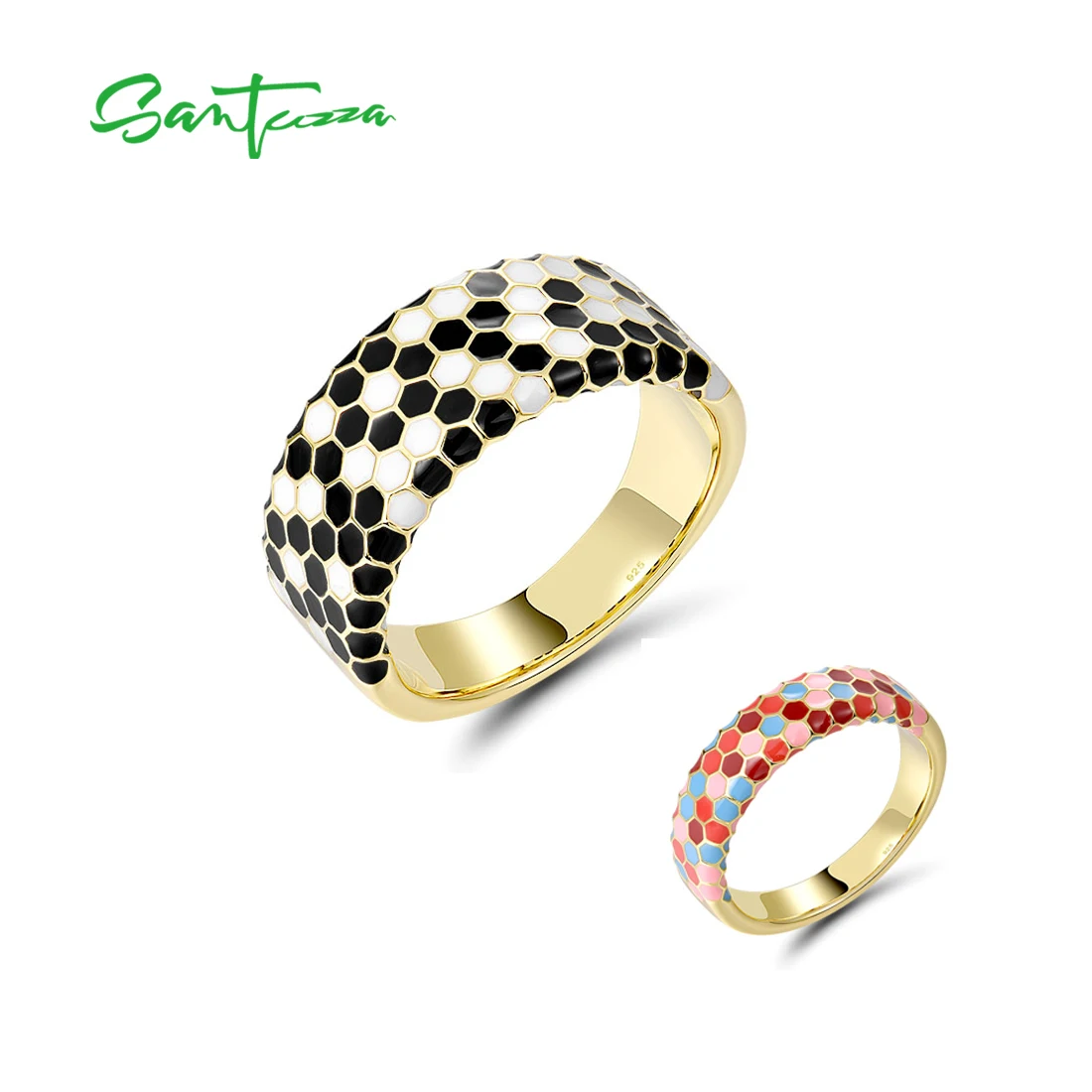 

SANTUZZA Pure 925 Sterling Silver Ring For Women Enamel Mosaic Pattern Boho Popular Party Birthday Wedding Gifts Fine Jewelry