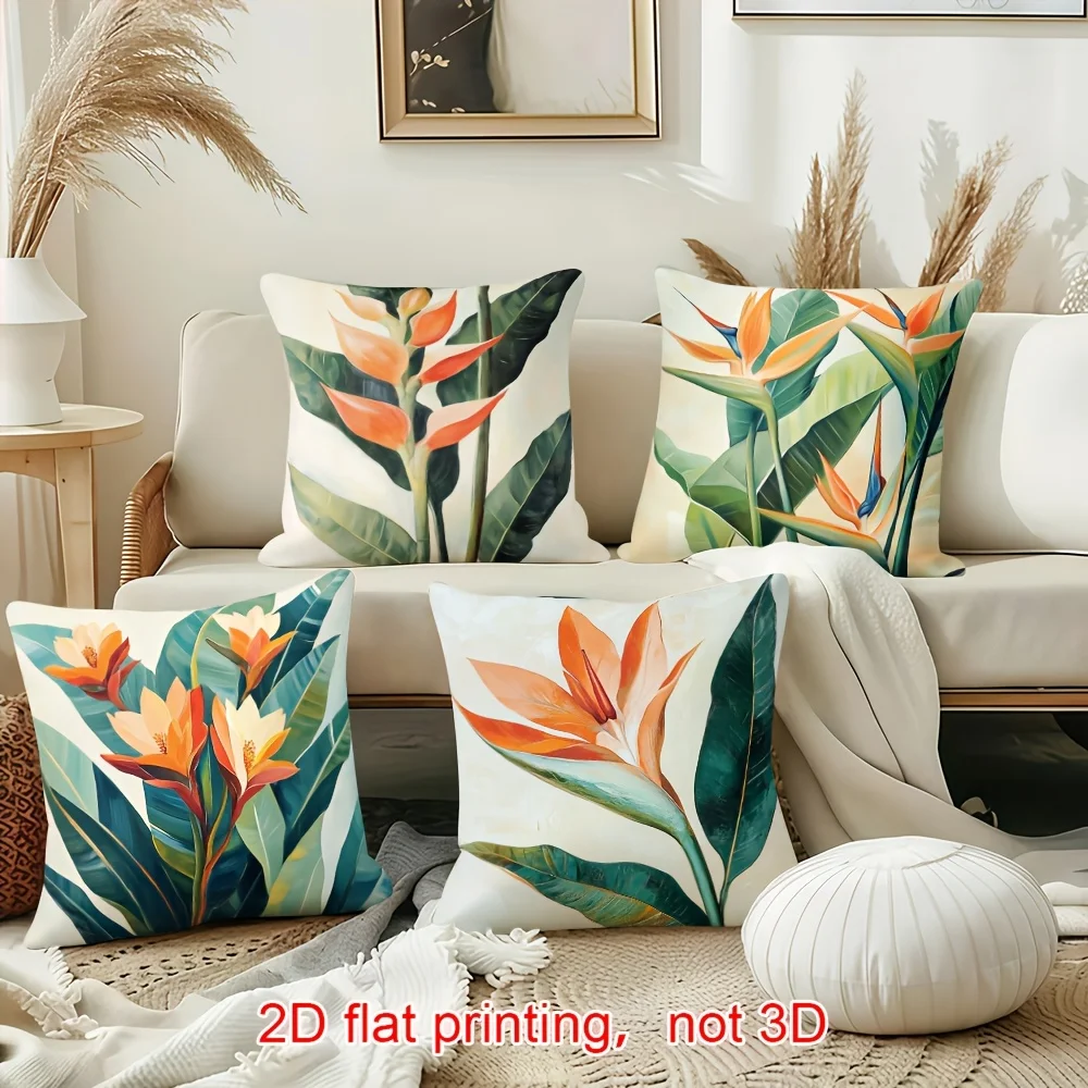 4pcs Bird of Paradise Throw Pillow Covers, Tropical Floral Print Cushion Cases, Modern Botanical Decor for Bedroom Living Room