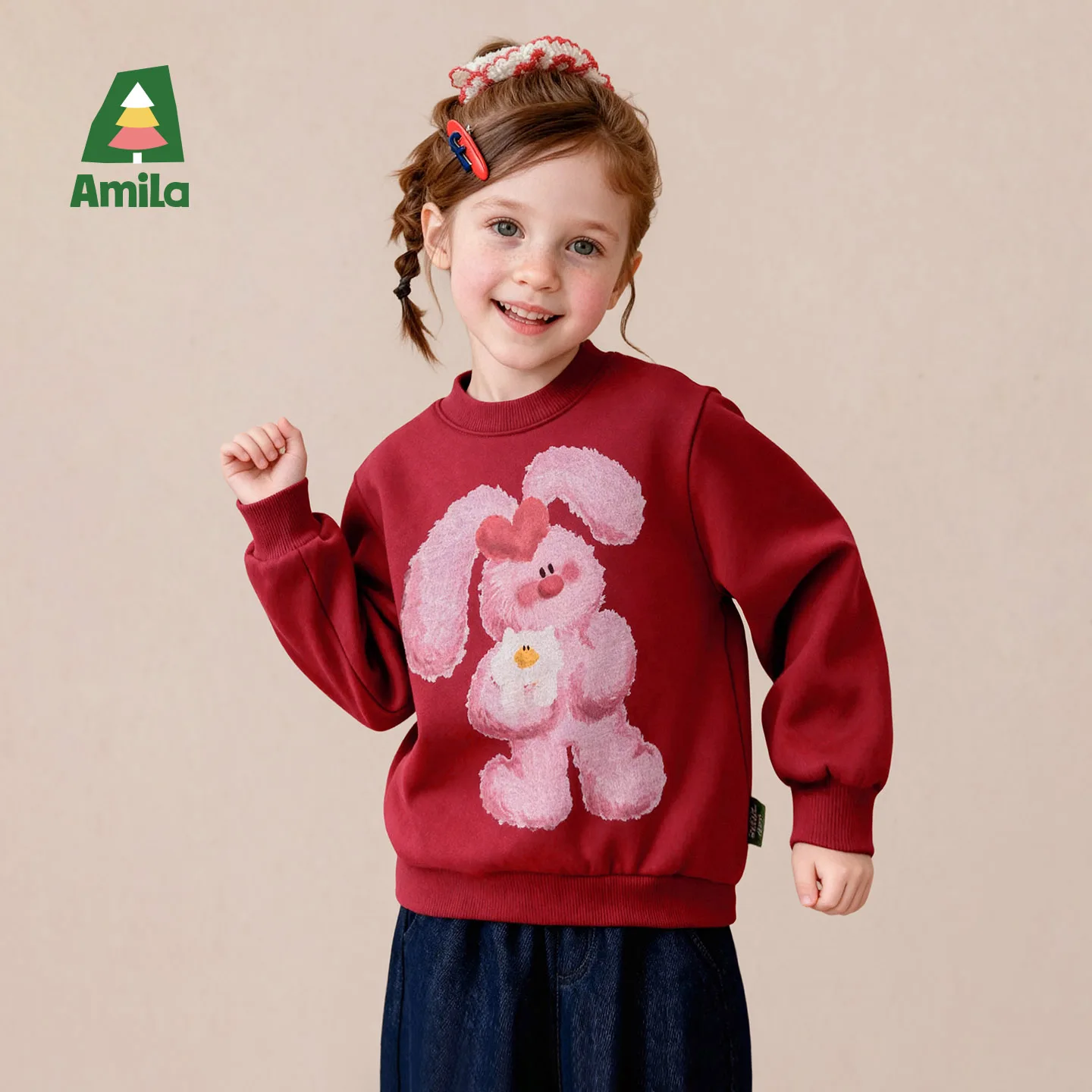 Amila 2026 Winter New Kids Sweatshirt American Crew Neck Print Loose Fit Fleece Lined Warm Extra Soft Daily Versatile Top