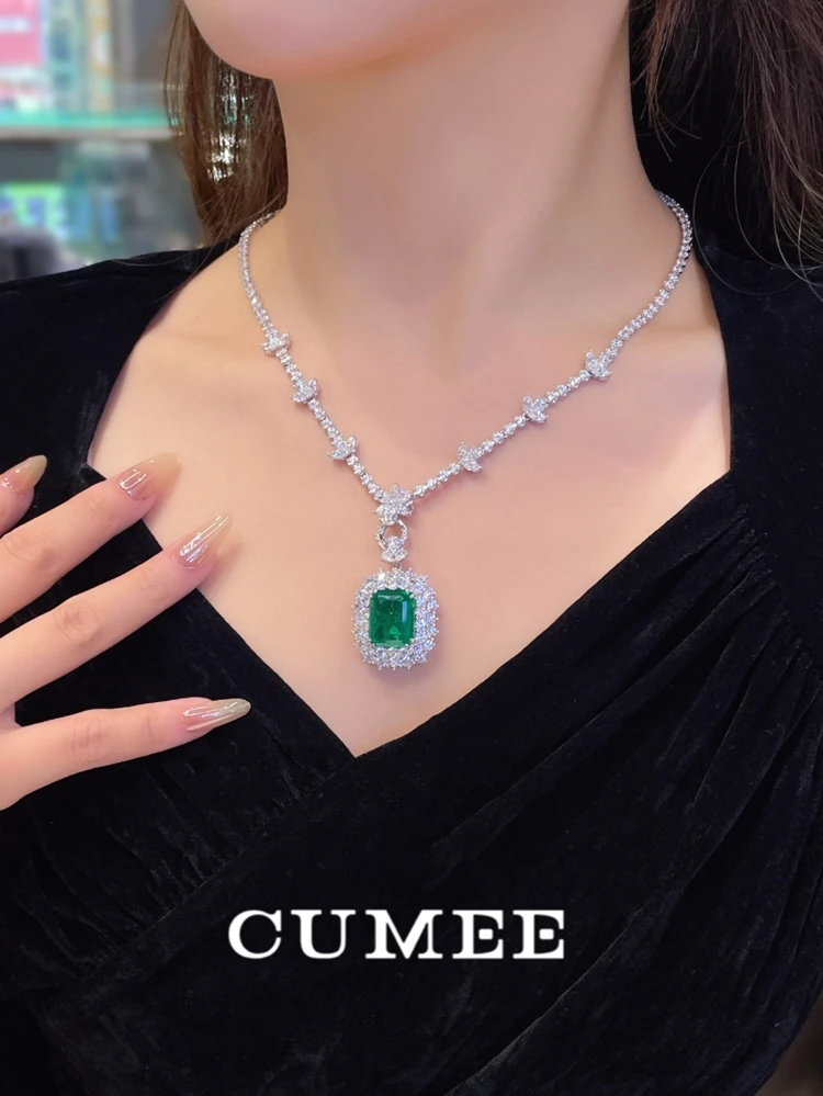 Cumee Detachable Lab Created Emerald Pendant Necklace for Women 925 Sterling Silver White Gold Plated Party Anniversary