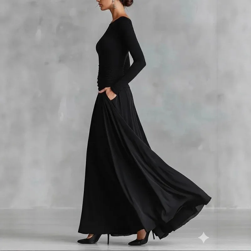 New Spring Patchwork Chic Maxi Dress Women Turtleneck Elegant  Neck Long Sleeve Party Dress Ladies Fashion Style Dress Vestidos
