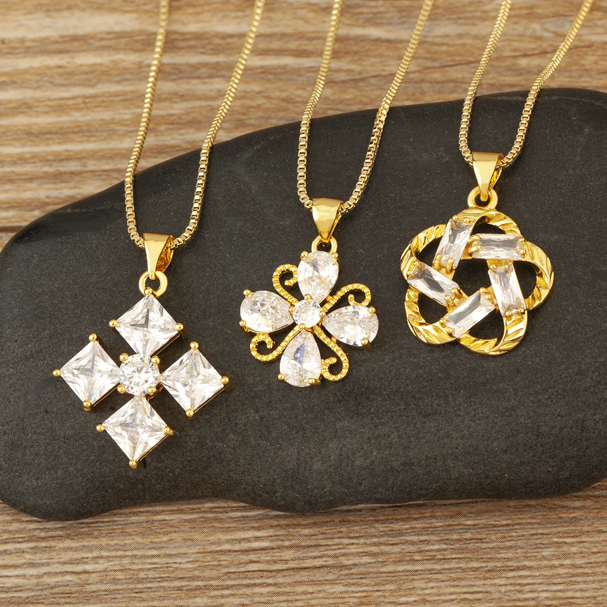 Nidin Vintage Hollow Flower Pendant For Women Rectangle Shiny Crystal Zircon Box Chain Necklaces Statement Daily Wear Jewelry