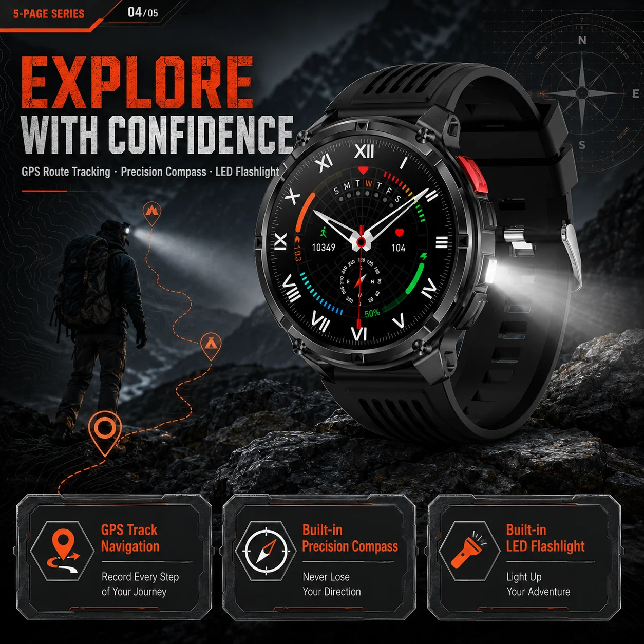 2026 T-Rex3 Ultra AMOLED Smart Watch 1100mAh Battery 1.70" HD Display Compass Bluetooth Calling, IP68 Waterproof for Men Watch - view 5