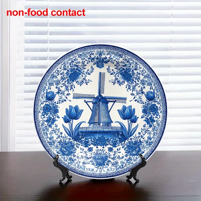 1pc Vintage Dutch Windmill & Floral Ceramic Wall Plate - 8-Inch Round Decorative Plate with Blue & White Porcelain Design,