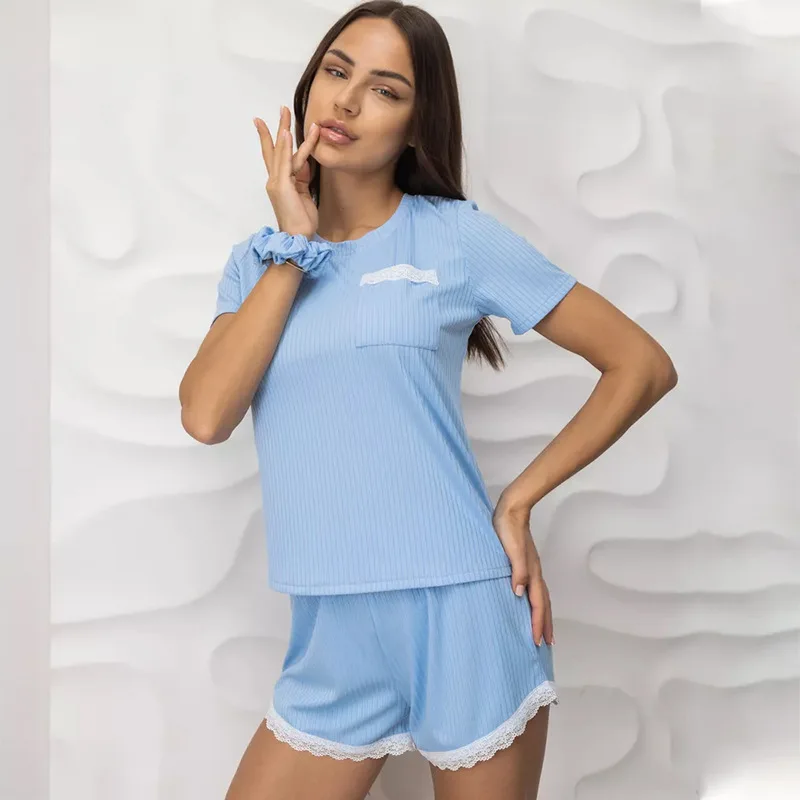 

Functional Pocket Tee Style Short Sleeve Pajamas Sets European Lace Trim Contoured Fit Casual Homewear 2pcs Lady's Loungewear