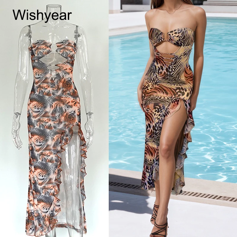 Wishyear Leopard Print Ruffle Hem Split mid Dress off Shoulder Strapless Slim Fit Cut out Backless Beach Party Women's Fashion