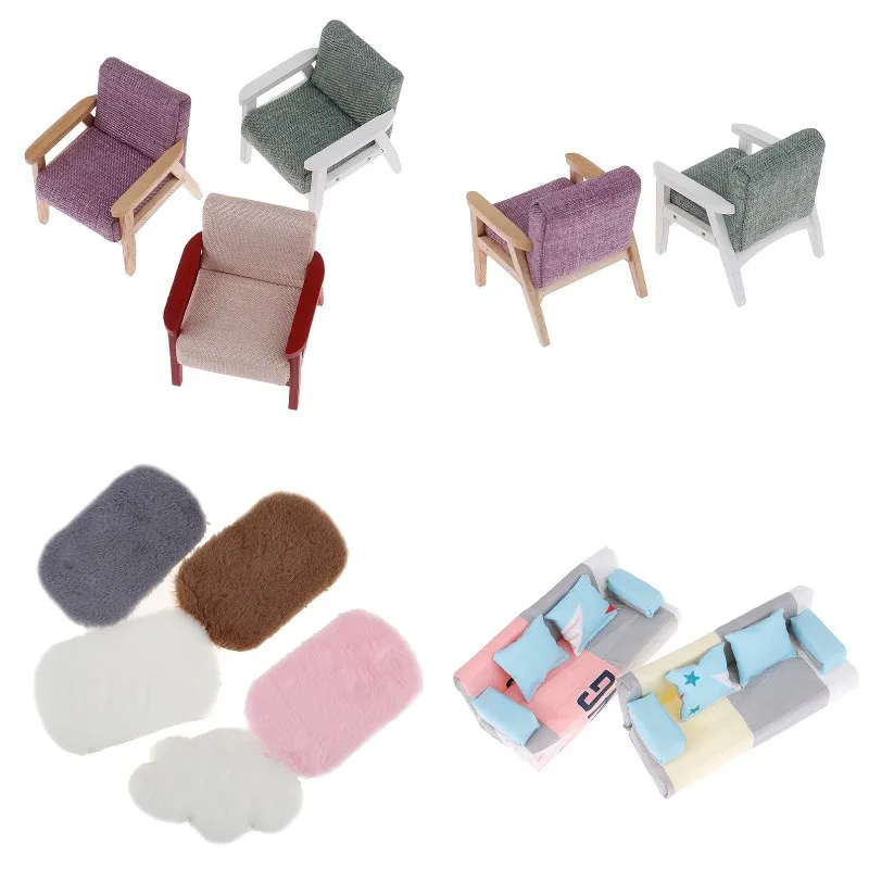 1/12 Dollhouse Miniature Armchair Long Sofa Single Sofa Plush Rug Carpet Mat Dollhouse Living Room Decor Home Furniture Toys