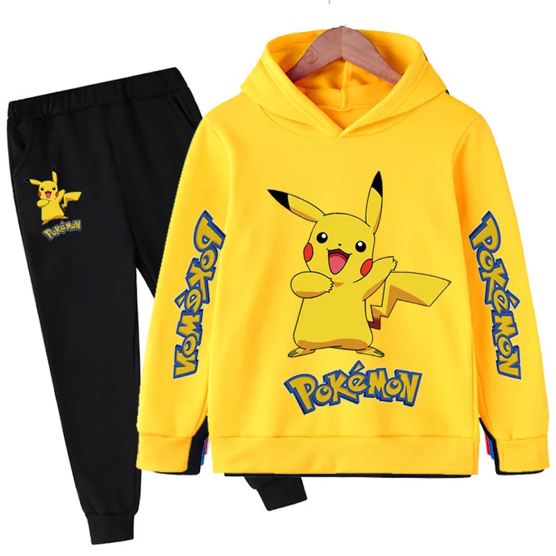 Pokemon Kawaii Anime Pikachu Children Hooded Sweatshirt Cartoon Top Sweatshirt 3-14 Years Old Children Set Boy Sportswear