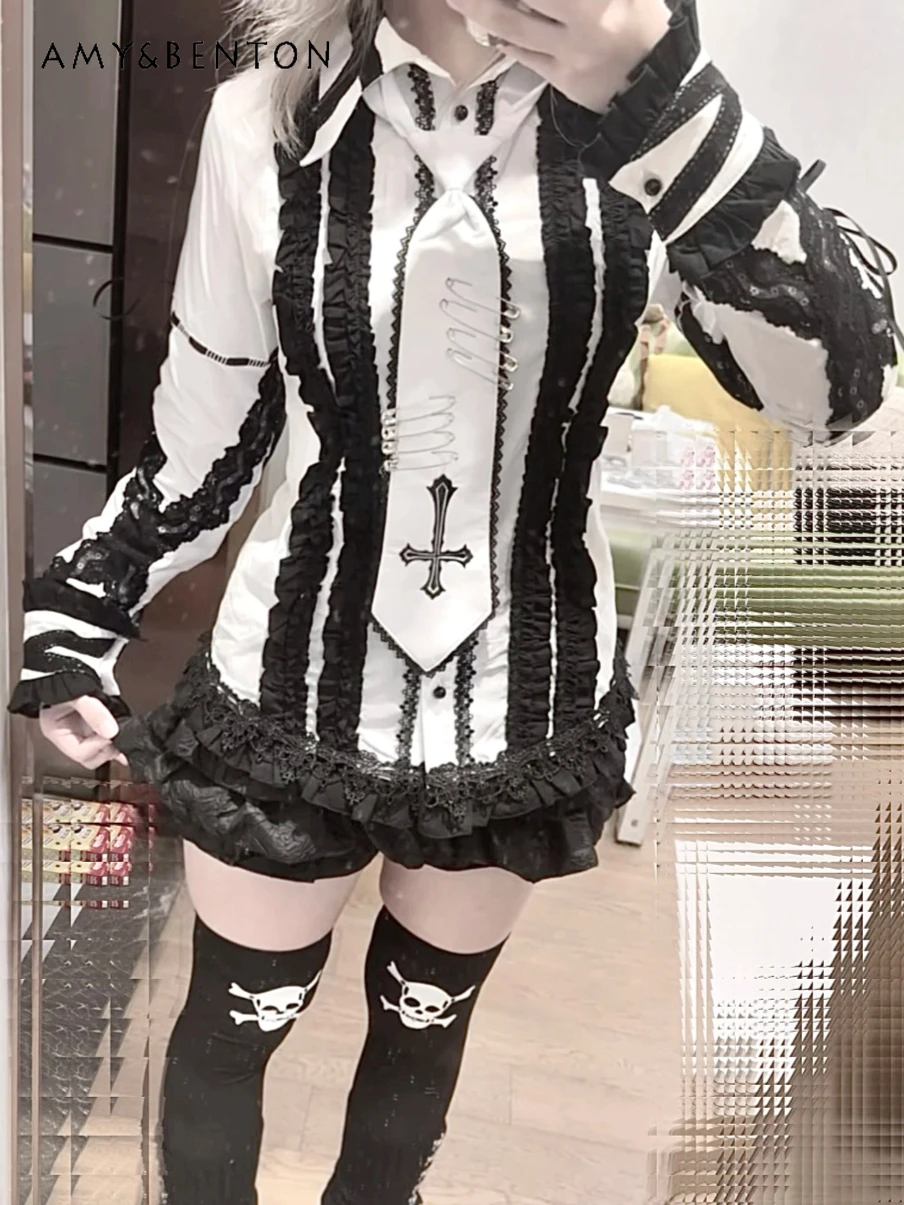 

Japanese Style mine series Dark Gothic Girl Long Sleeve Shirt Lolita Mass-Produced Cross Embroidery Bow Tie Lace Patchwork Shirt