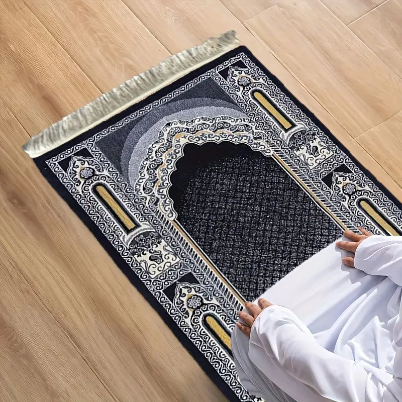 VIKAMA Luxury Geometric-Bordered Prayer Mat, Soft Non-Slip Islamic Rug, Daily Salah Janamaz, Foldable Prayer Mat, Home Decor