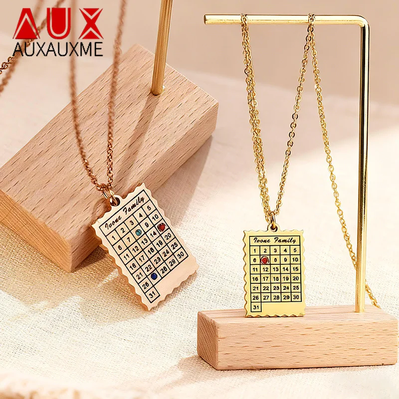 Auxauxme Custom Birthstone Name Necklace for Women Stainless Steel Personalize Engrave Date Pendant Collar Birthday Jewelry Gift