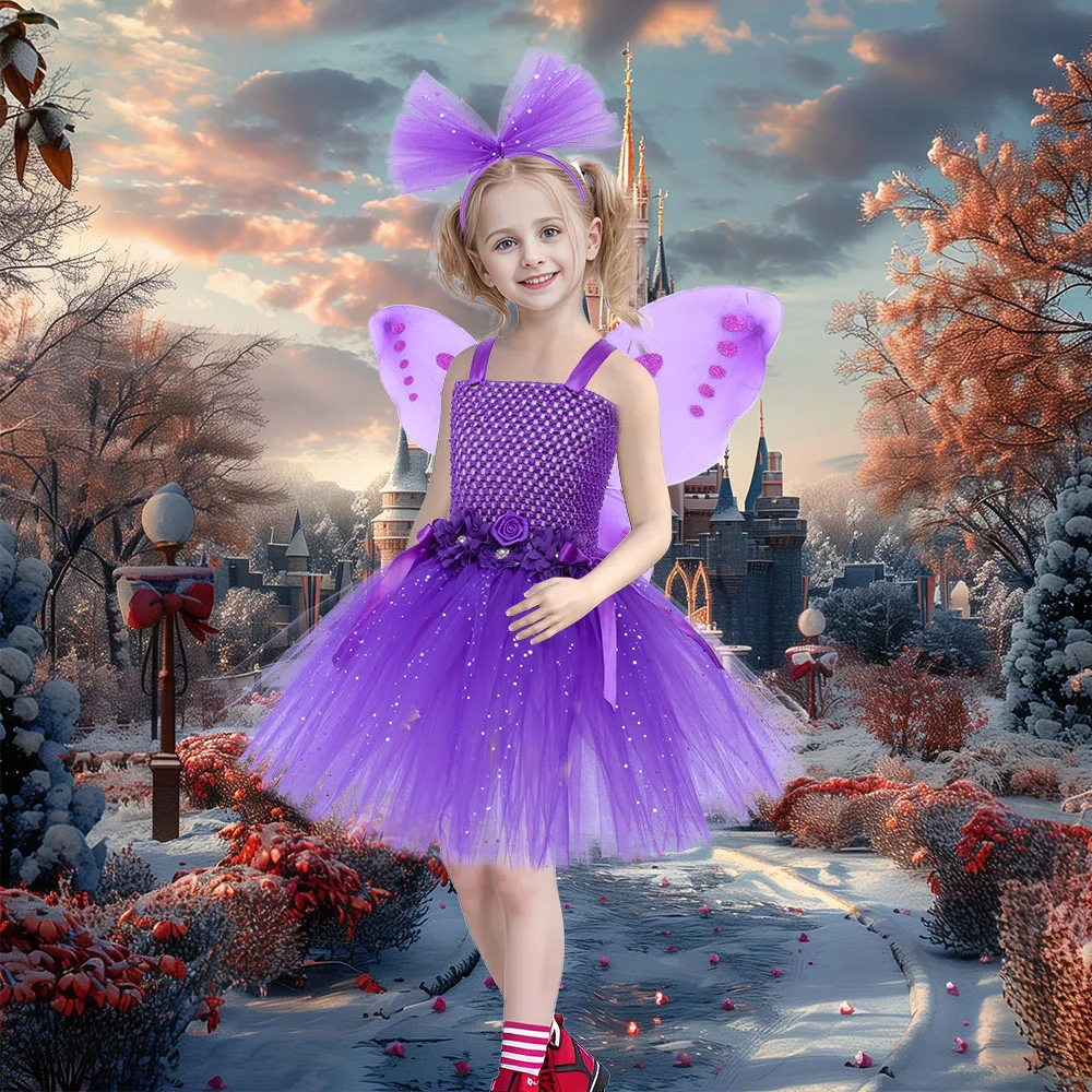 Sparkly Purple Fairy Tutu Dress with Wings Princess Magic Butterfly Dress Up Fantasy Costume Baby Kids Birthday Party Dresses