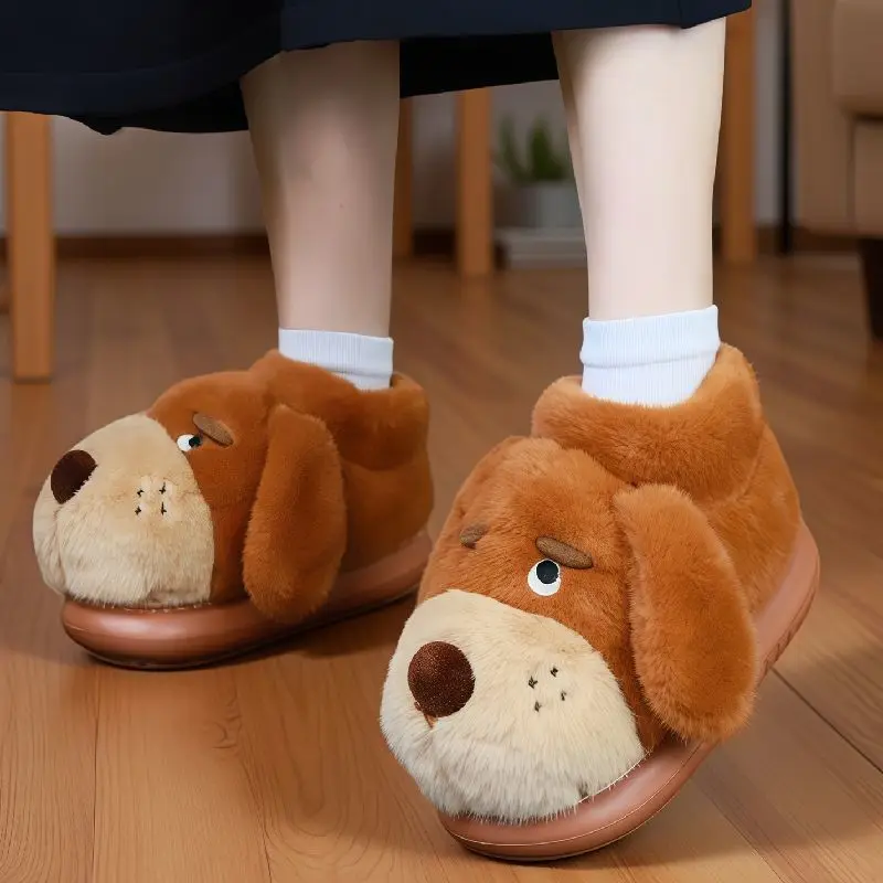 

Home fluffy dog slippers women ankle full wrap fur loafers ladies slip-on plush shoes flat room floor fur slides slippers