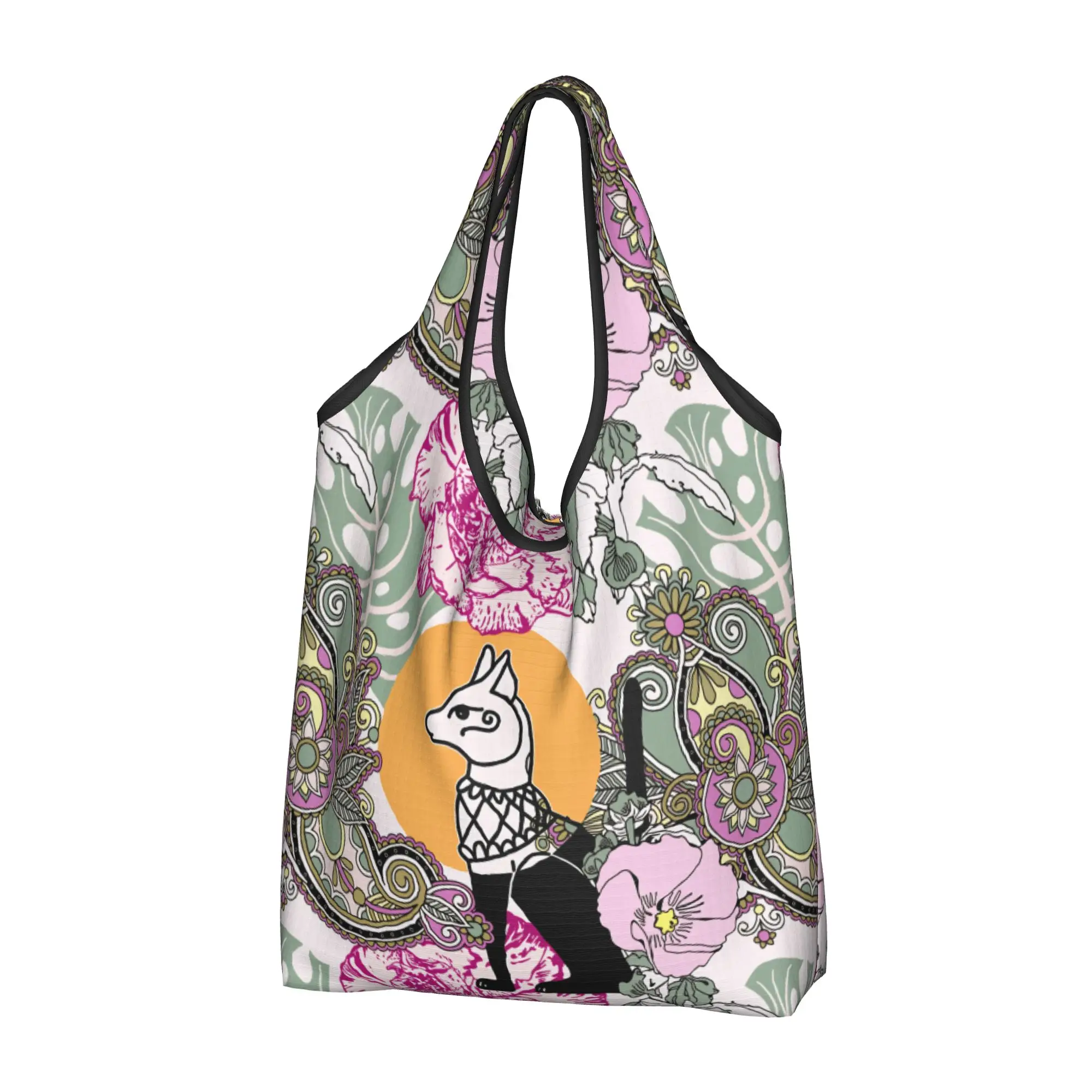 Fashion Printed Egyptian Bastet Cat Goddess Shopping Tote Bags Portable Shoulder Shopper Carnation Flowers Handbag