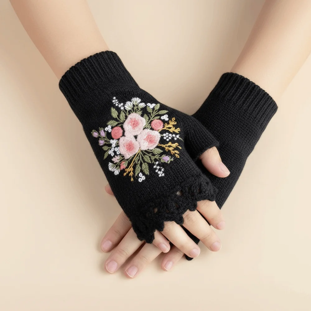 All-Match Vintage Embroidery Knitted Gloves Floral Half Finger Fingerless Gloves Bee Korean Style Crochet Flower Mittens Girls