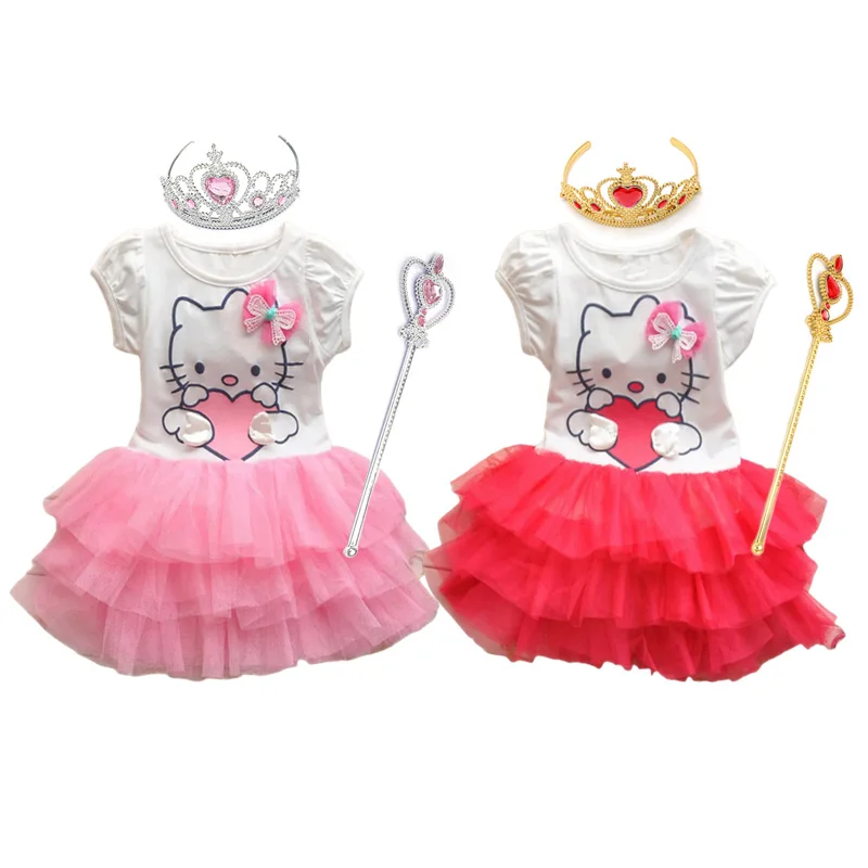 Children Clothing Sanrio Hello Kitty Princess Dresses For Girls Summer Short Sleeved Mesh Dress Carnival Party Prom Gown Outfits