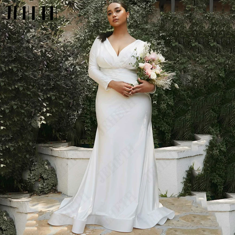 JEHETH Elegant Wedding Dress Plus Size Woman Bride Long Sleeves Double V-Neck Bride Gowns Mermaid Soft Satin vestidos de novia