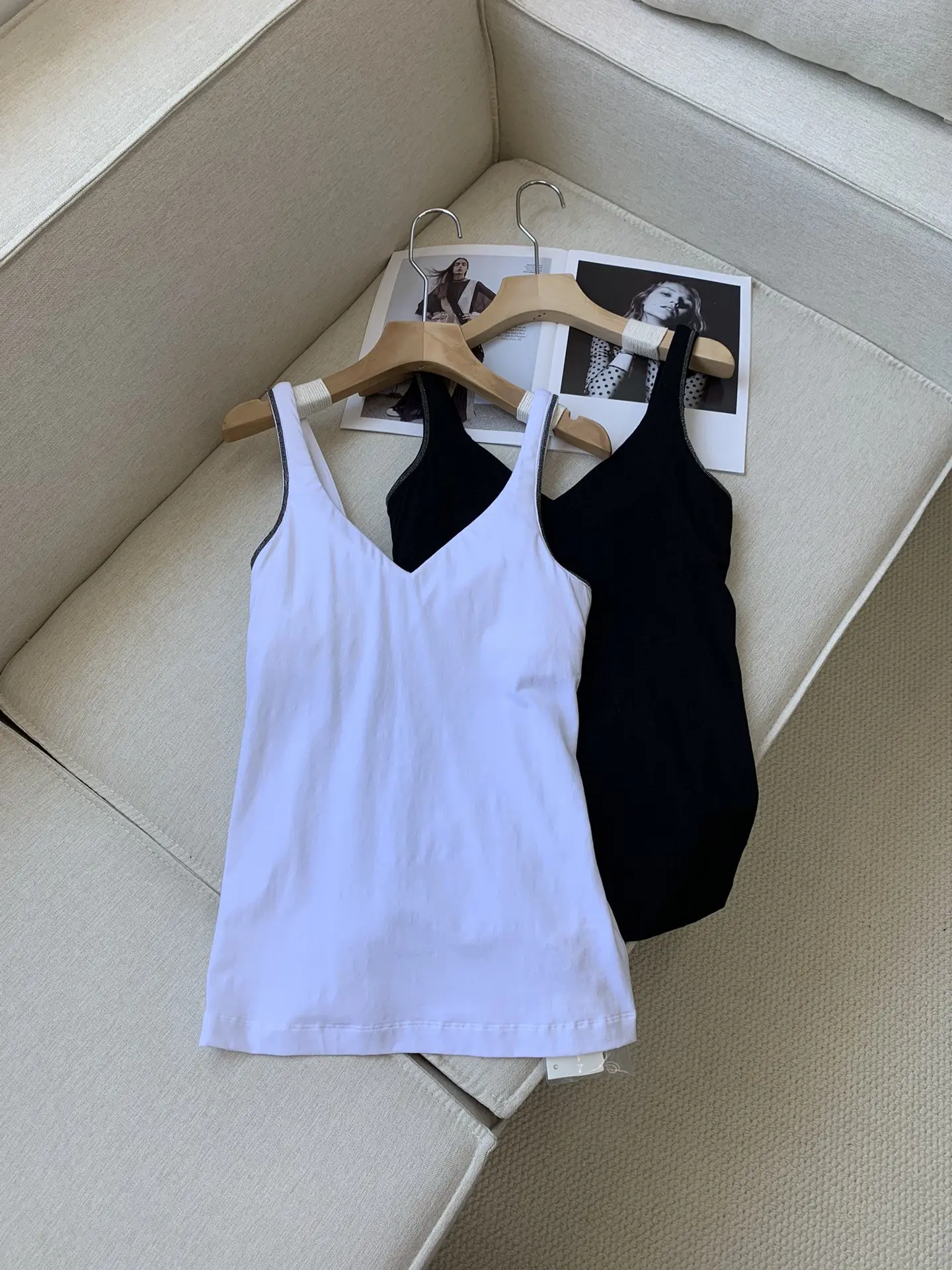 

Summer Women Pure Cotton Camisole White or Black Beaded V-Neck Sleeveless Elegant Female Sling Tops