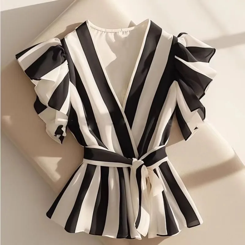 

Summer Women's Tops Temperament Blouses For Women 2025 Camisas De Mujer V-neck Slim Fit Shirts Ruffles Striped Vintage Blouse