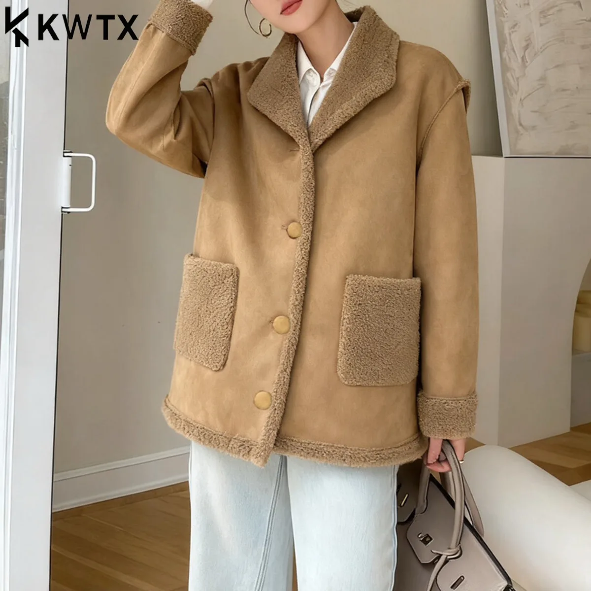

KWTX Women's Deer Suede Jacket Notched Collar Patchwork Single Button Pockets Elegant Retro Autumn Winter 2025 New Quality