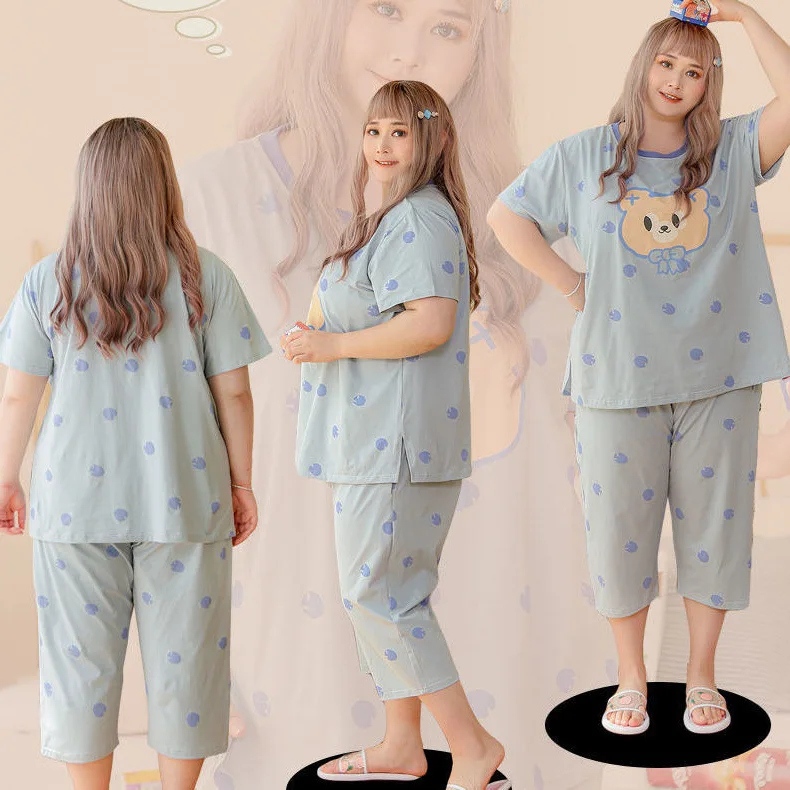 150kg Extra Large Size Loose Pajama Set Women Summer Belly Cover Comfortable Loungewear Short Sleeve Sleepwear Tops Cropped Pant