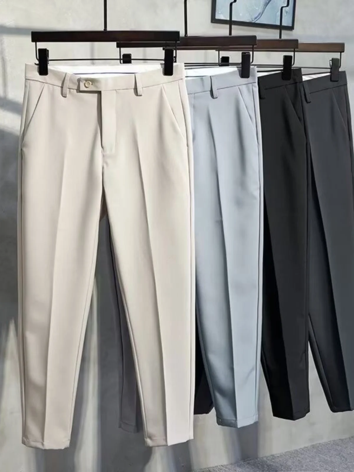 

Anti-Wrinkle Slim Fit Men's Pants Ice Silk Smooth Thin Summer Casual Straight Leg Nine-Piece Busin Sle Pure Color Trousers