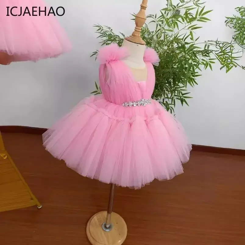 

Новинка 2023 года, детское бальное платье для подиума, вечернее платье без рукавов с бисером для девочек, розовое платье, дизайн одежды на свадьбу, день рождения, крещение