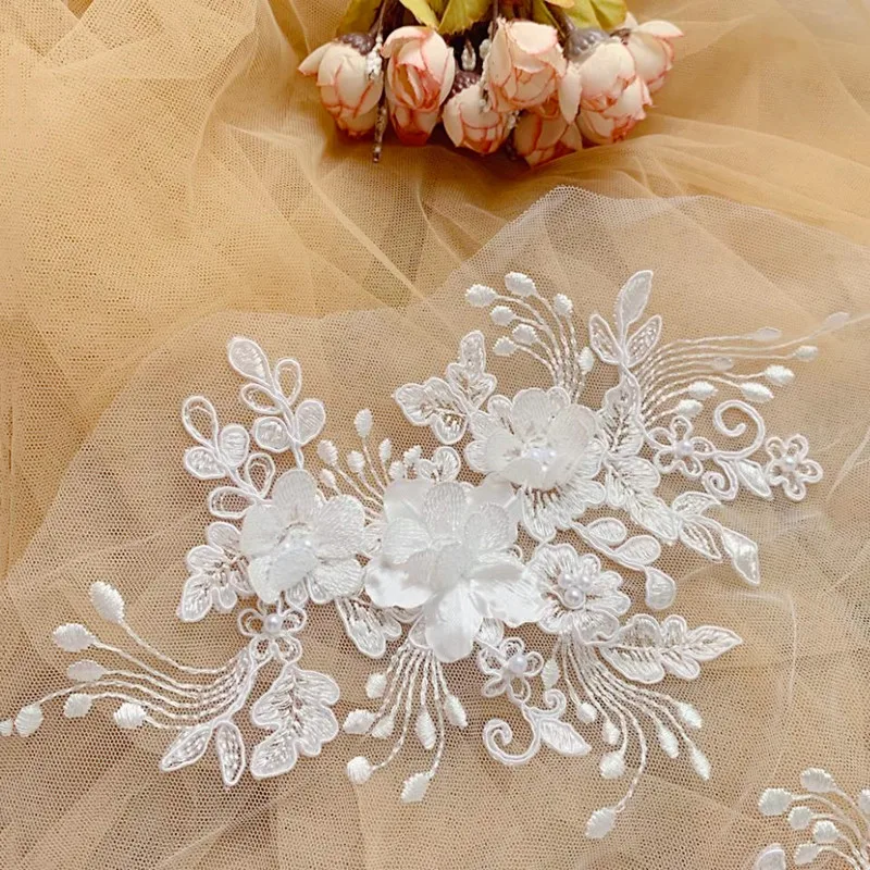 Pearl Lace Border Line, 3D Mirror Flower, DIY Wedding Dress Application, Embroidery Supplies, 2Pair, 25.5x13cm