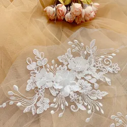 Pearl Lace Border Line, 3D Mirror Flower, DIY Wedding Dress Application, Embroidery Supplies, 2Pair, 25.5x13cm