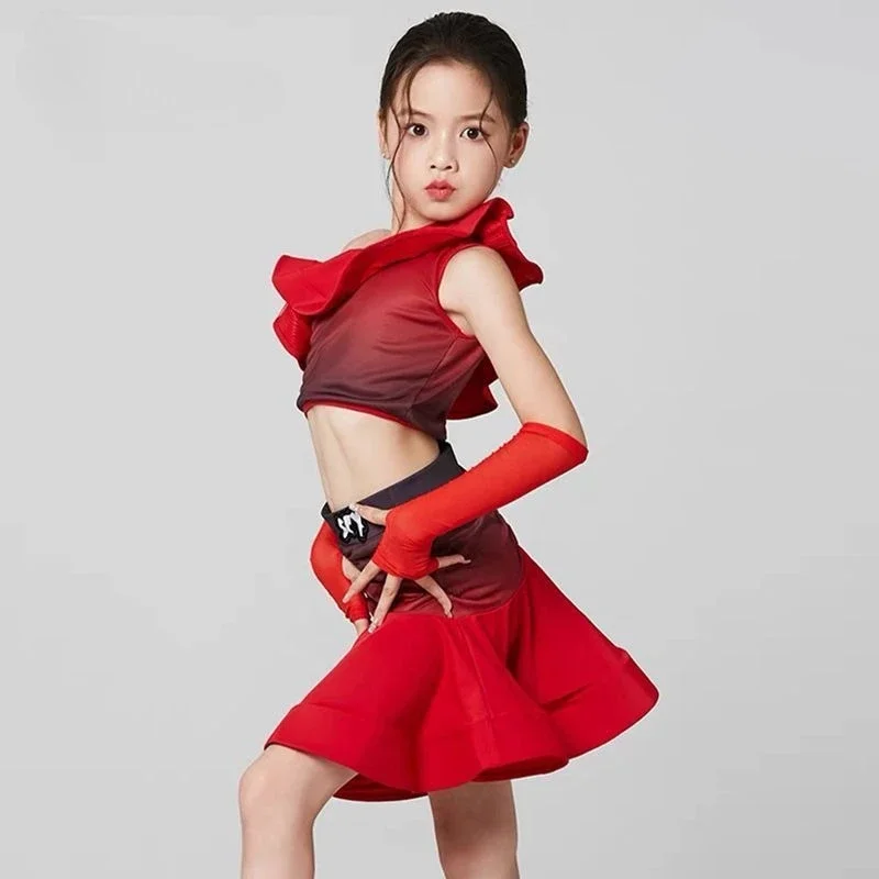 Kind Latin Dans Jurk Set Kostuum voor Meisjes Rode Rok Tango Cha Cha Samba Kleding Training Competitie 2025, Nieuwe Zomer